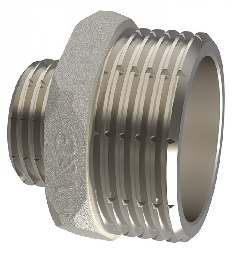 Ниппель V&G / В&Г переходной, наружный, из никелированной латуни, резьба 1/2 и 1/4дюйма / фитинги