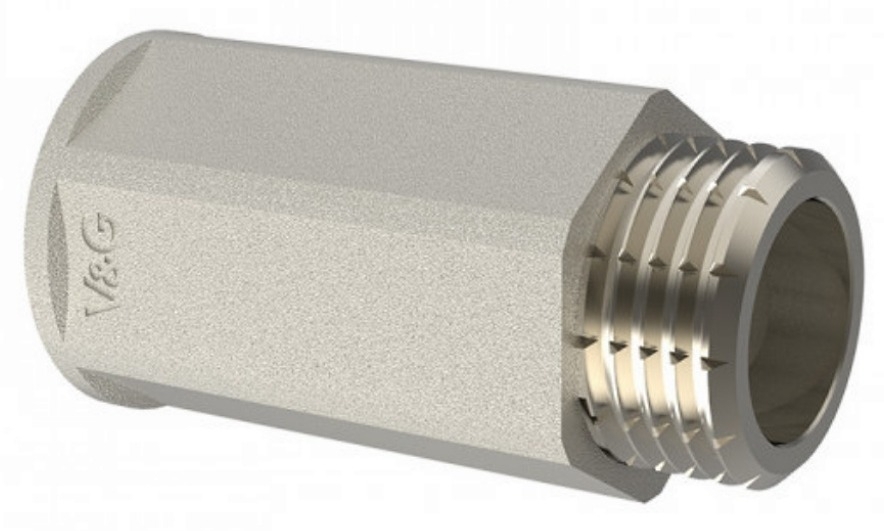 Удлинитель сантехнический V&G / В&Г никелированный, из латуни, внутренняя и наружная резьба 1/2дюйма, длина наращивания 25мм / фитинг