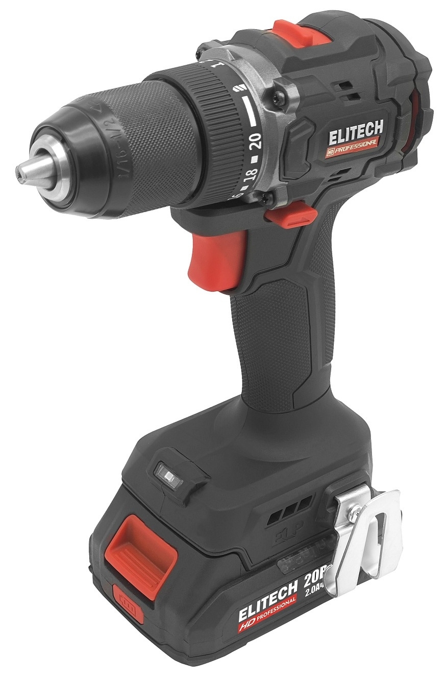 Дрель-шуруповерт аккумуляторная ELITECH / Элитеч CD 20SL2 с подсветкой, 2 аккумулятора, в кейсе, 20В, Li-Ion 2А/ч, 60Нм, 2 скорости / электроинструмент