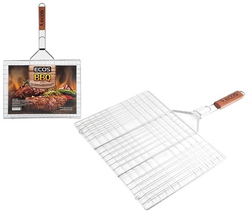 Решетка гриль ECOS / Экос с деревянной ручкой, из металла, 40х30х1.5см / отдых и пикник