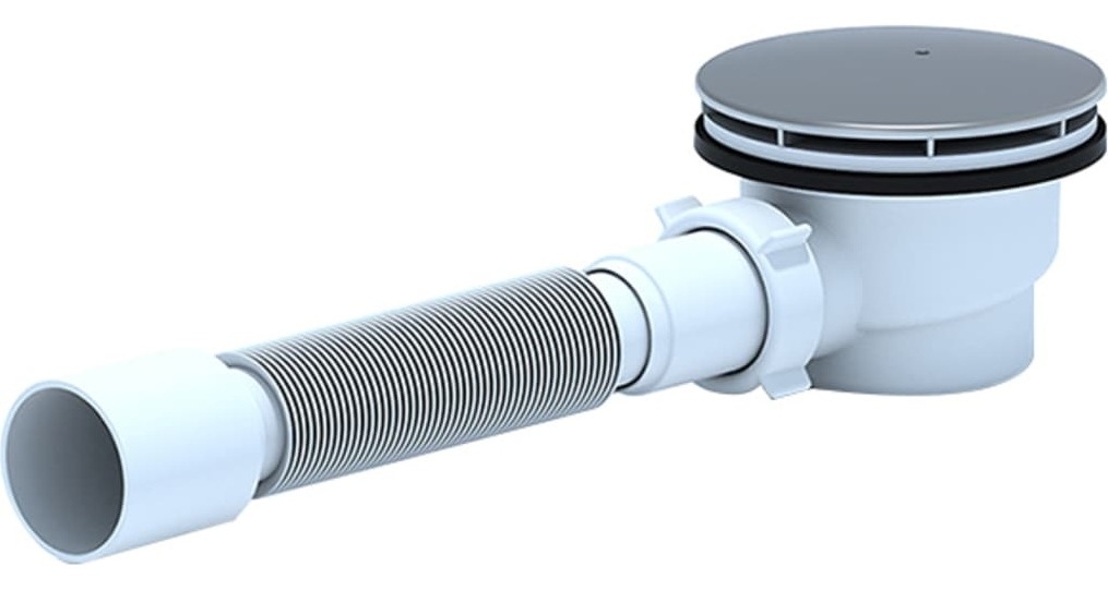Сифон сливной Анипласт Ани для душевого поддона с гибкой трубой из пластика и нержавеющей стали, белый, 40/50мм, 1.1/2дюйм / сантехника