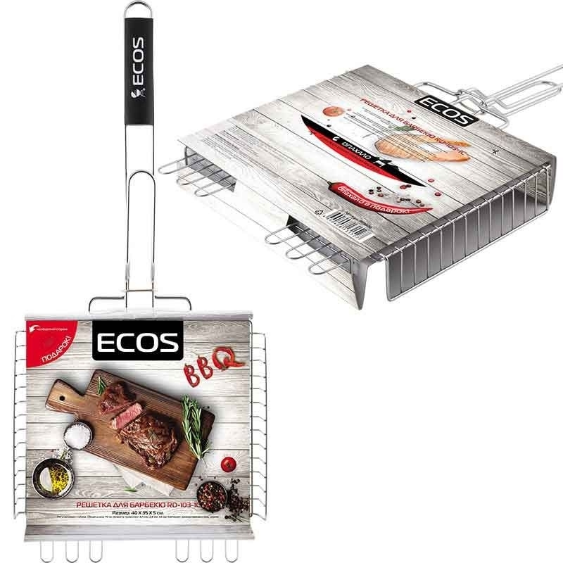 Решетка гриль ECOS / Экос RD-103-1C глубокая с деревянной ручкой, из металла, 40х35х5см / отдых и пикник