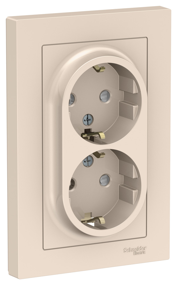 Розетка Schneider Electric / Шнайдер Электрик Atlas Design ATN000226 2-местная, с заземлением, с защитными шторками, из пластика, цвет бежевый, 125×83×50мм, 16А, IP20