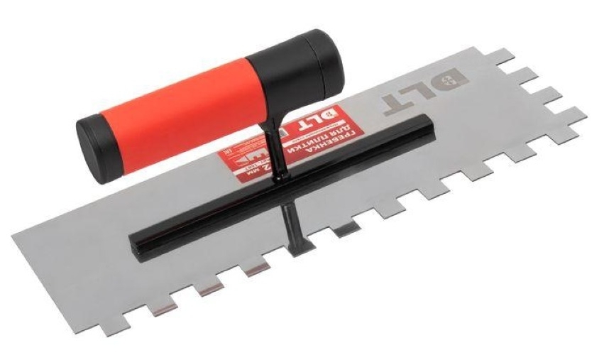 Шпатель зубчатый DLT / ДЛТ для штукатурно-отделочных работ, из нержавеющей стали, серый, зуб 12х12мм, 280×110мм / гребенка