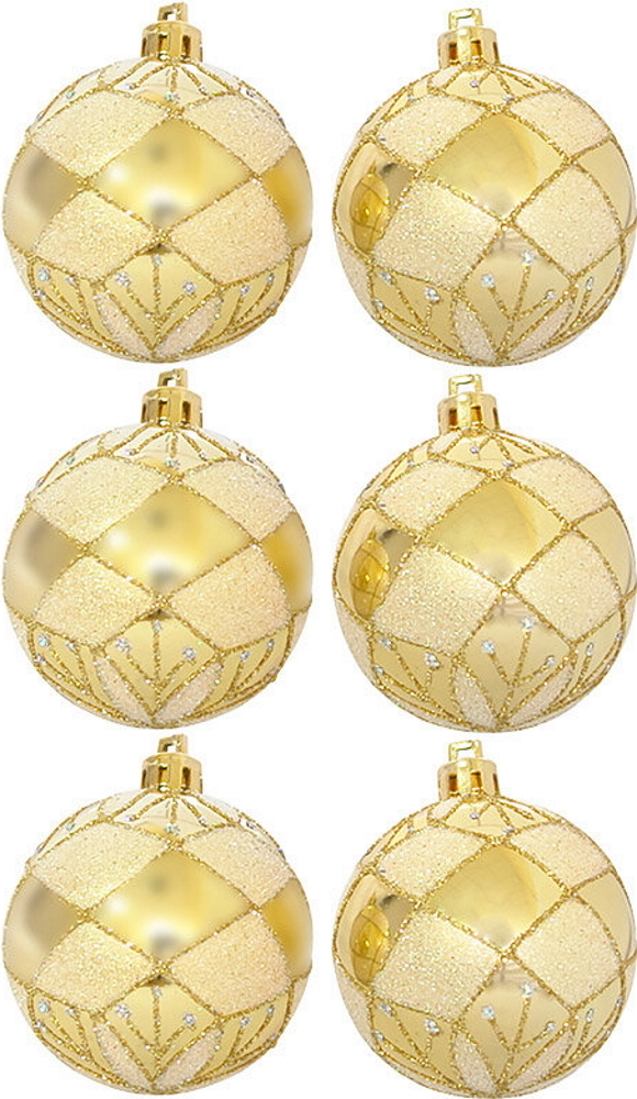 Елочные шары Волшебная страна PBD6-6-882-G с рисунком, пластиковые, золотые, диаметр 6см, 6шт. в упаковке / товары для праздников