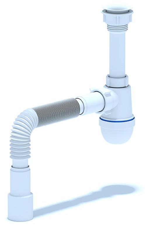 Сифон сливной Анипласт Варяг для кухонных моек, с выпуском и гибкой трубой, из пластика, белый, 40/50мм, 1.1/4дюйм / сантехника