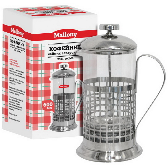 Чайник заварочный Mallony / Маллони Клетка B511-600ML кофейник, в корпусе из стекла и нержавеющей стали, прозрачный, 600мл / товары для дома