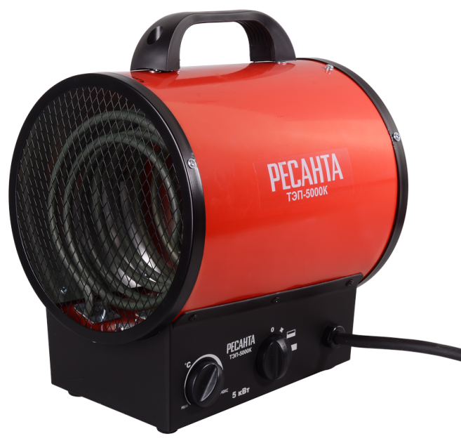 Тепловая пушка Ресанта ТЭП-5000К электрическая, в стальном корпусе, 270х320х385мм, 5кВт, 50м², 400м³/ч, IP 20 / отопление