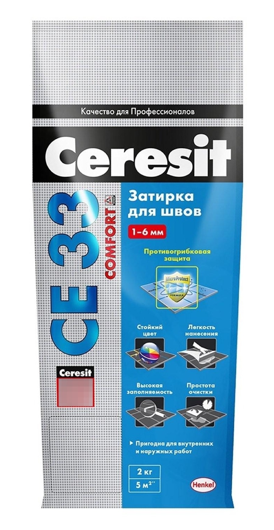 Затирка Ceresit / Церезит СЕ33 Comfort для плиточных швов, сухая, с противогрибковым действием, цементная, цвет серебристо-серый 04, 2кг / строительные смеси