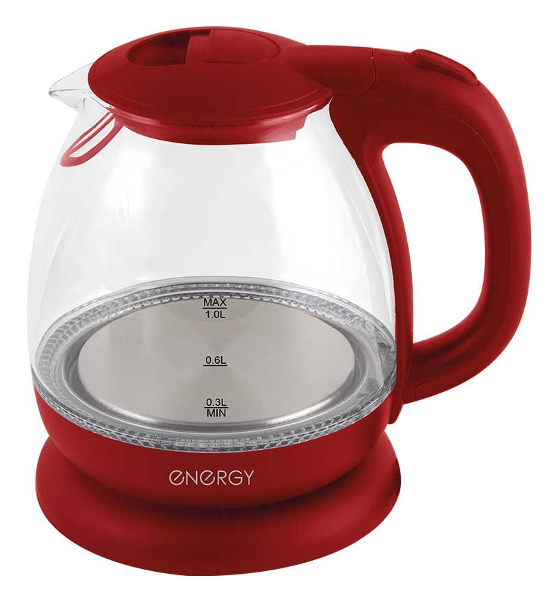 Чайник электрический ENERGY / Энерджи E-296 с подсветкой, в корпусе из стекла и пластика, красный, 1л, 1100Вт / товары для дома