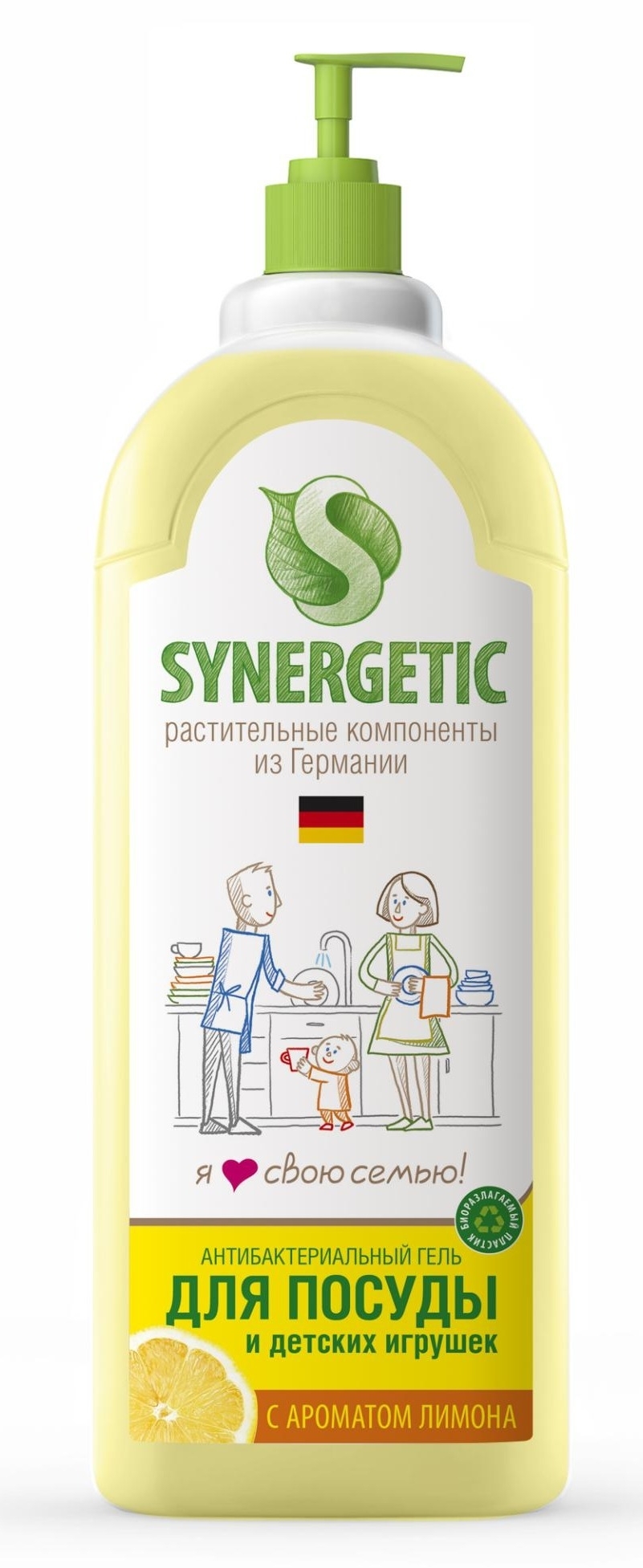 Средство для мытья посуды SYNERGETIC / Синергетик Лимон антибактериальное, биоразлагаемое, с дозатором, гель 1л / бытовая химия