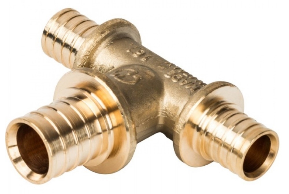 Тройник Stout / Стаут переходной аксиальный для труб из сшитого полиэтилена, пресс, из латуни, цвет бронза, диаметр 16/20мм / водоснабжение