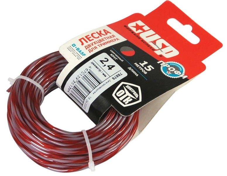 Леска для триммера USP / УСП двухцветная круглая, нейлоновая, диаметр 2.4мм, 15м / садовая техника