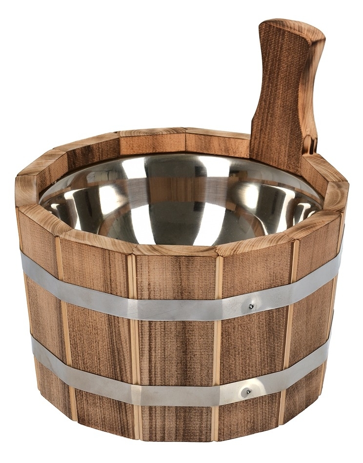 Ушат для бани Банные штучки Шайка, с вставкой из нержавеющей стали, из обоженной древесины липы, коричневый, объемом 3.5л / товары для дома