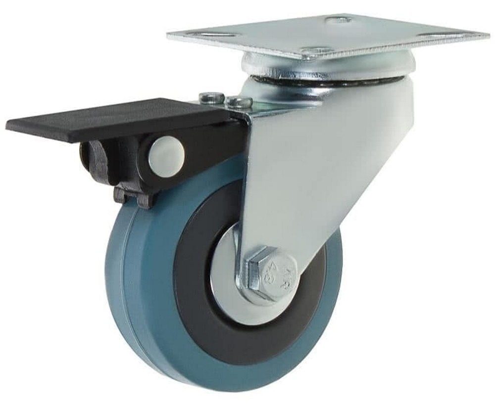 Мебельное колесо Larvij / Ларвидж LCPB-50 поворотное, на платформе, с тормозом, резиновое, синее, диаметр 50мм / фурнитура
