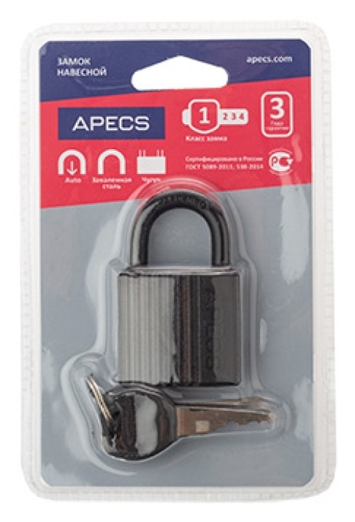 Замок навесной Apecs / Апекс PD-06-38 с автоматическим запиранием, чугунный, 3 ключа, дужка диаметром 6мм / средства защиты