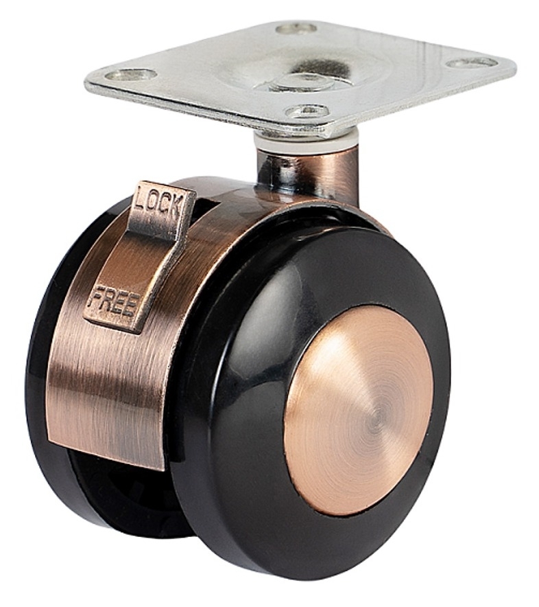 Мебельное колесо Larvij / Ларвидж LZPB(AB)-50 двойное, поворотное, на платформе, с тормозом, пластиковое, бронза, диаметр 50мм / фурнитура