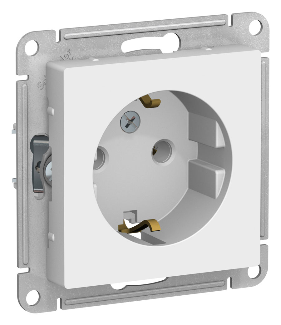 Розетка Schneider Electric / Шнайдер Электрик Atlas Design ATN000143 1-местная, с заземлением, без защитных шторок, из пластика, цвет белый, 71×71×42мм, 16А, IP20