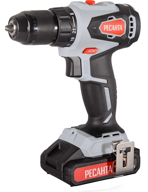 Дрель-шуруповерт аккумуляторная Ресанта ДА-20-2ЛК-Б с 2 аккумуляторами, в кейсе, 20В, Li-Ion 2А/ч, 55Нм, 2 скорости / электроинструмент