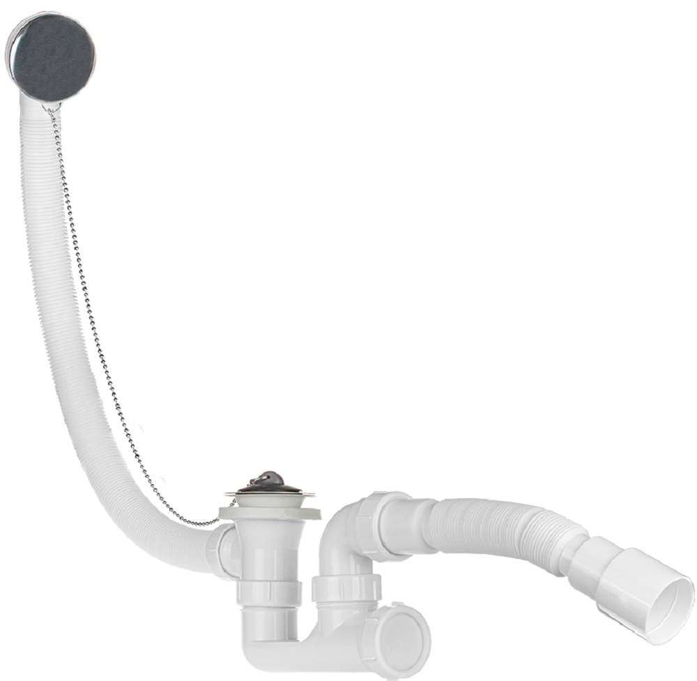 Сифон сливной Masterprof / Мастерпроф для ванны с выпуском и переливом, из пластика и нержавеющей стали, белый, 40/50мм, 1.1/2дюйм / сантехника