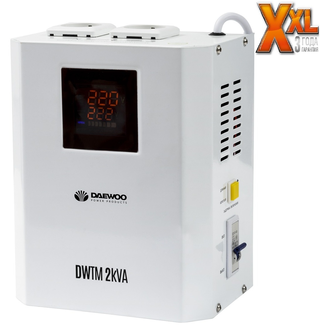 Стабилизатор напряжения DAEWOO / Дэу DW-TM2kVA настенный, цифровой, однофазный, 140-270В, погрешность 8%, 50Гц, IP20, 2кВт / электрика