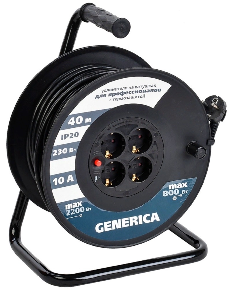 Удлинитель силовой GENERICA / Генерика УК40 WKP10-10-04-40-G на катушке, провод ПВС, 4 розетки, 40м / электрика