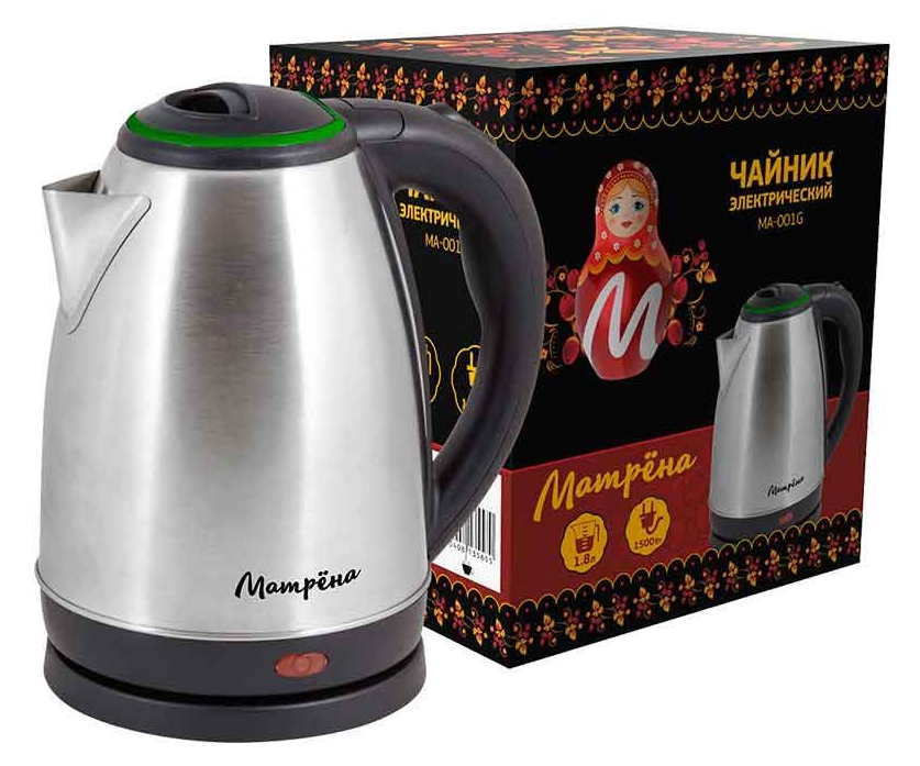 Чайник электрический Матрена МА-001 со световым индикатором, в корпусе из стали и пластика, серый, 1.8л, 1500Вт / товары для дома