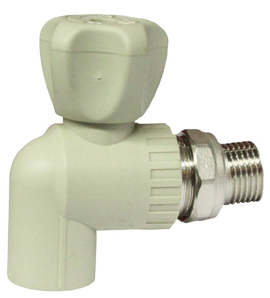 Кран шаровый для воды FV-Plast / ФВ-Пласт радиаторный угловой, полипропилен, серый, резьба 1/2", диаметр трубы 20мм / запорная арматура