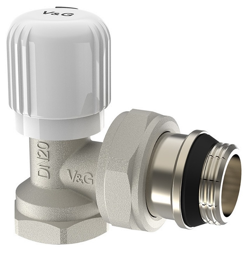 Вентиль для радиатора V&G VALOGIN / В&Джи Валогин VG-601202 угловой ручной регулировки, в корпусе из латуни, 3/4", 10бар, 120°C / водоснабжение