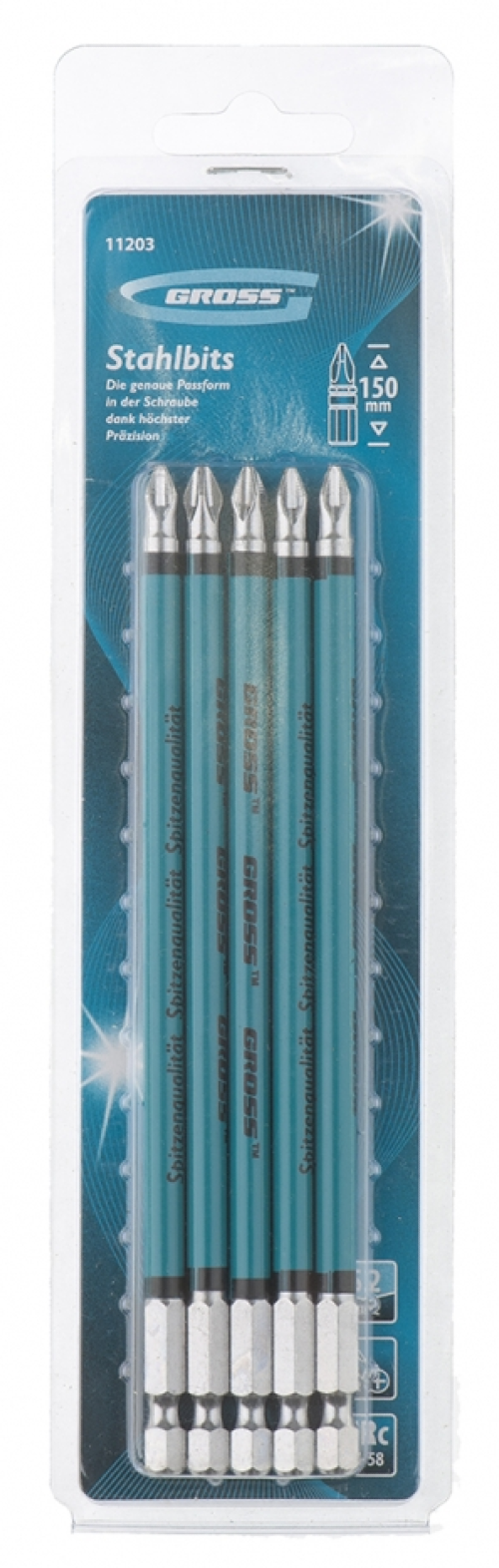 Набор бит Gross / Гросс для шуруповерта, из инструментальной стали S2, PH2, длина 150мм, 5шт. / оснастка