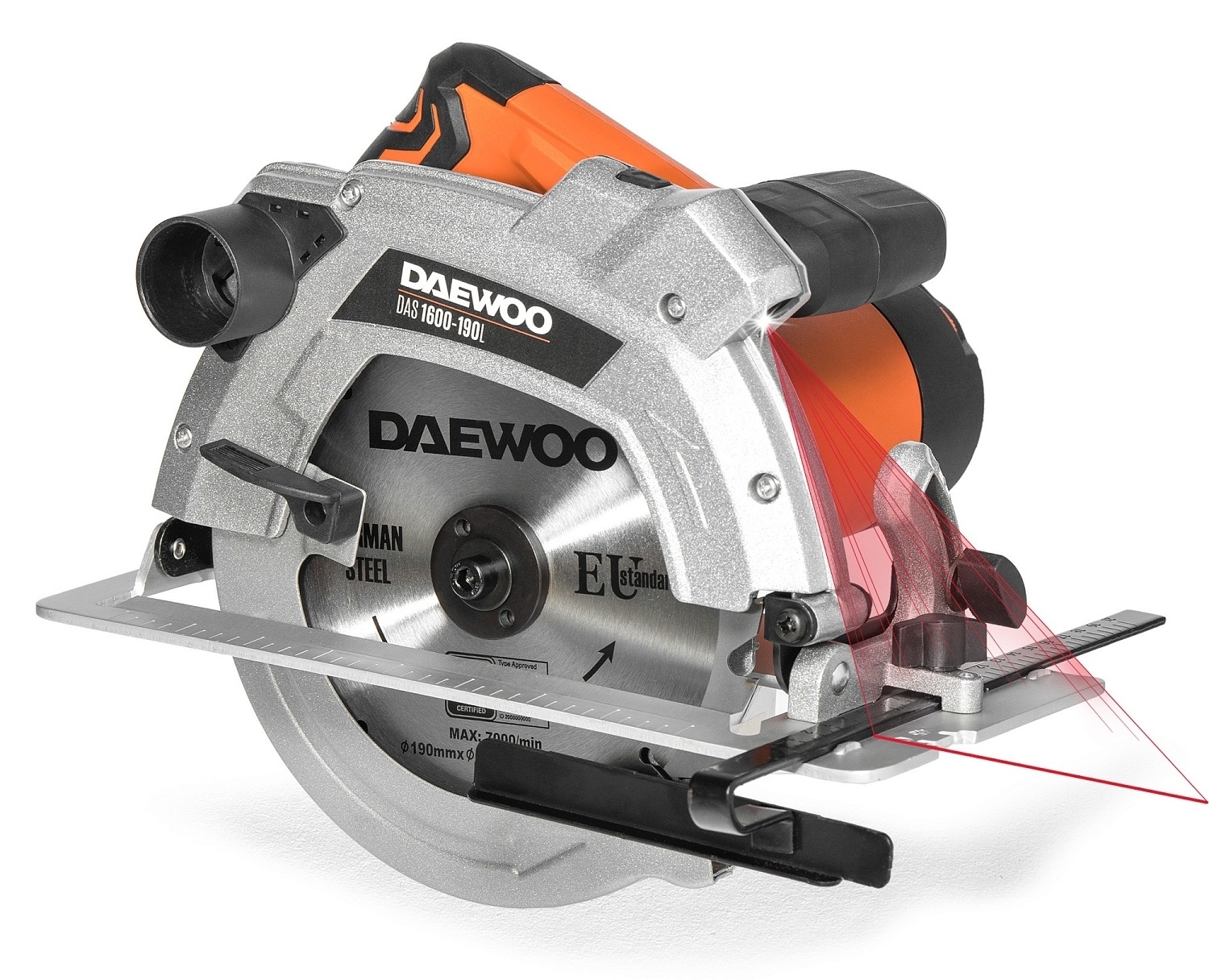 Дисковая пила Daewoo / Дэу DAS D1600-190L полупрофессиональная с лазерным указателем серая, посадочный диаметр 20мм, диск 190мм, глубина 63мм, 1600Вт / инструменты