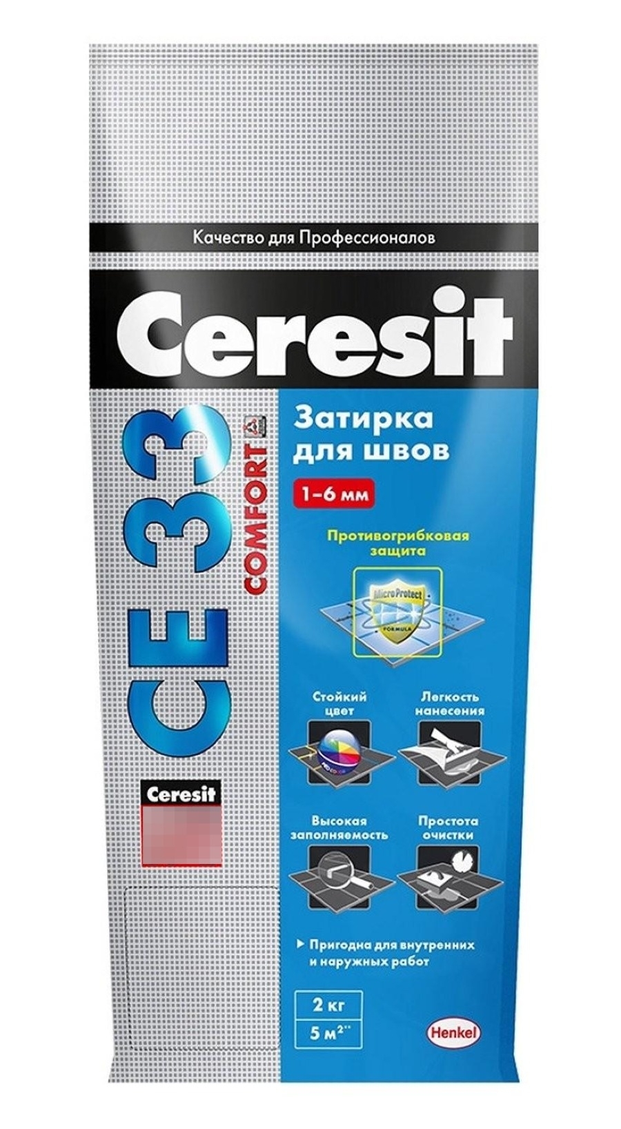 Затирка Ceresit / Церезит СЕ33 Comfort для плиточных швов, сухая, с противогрибковым действием, цементная, цвет серо-голубой 85, 2кг / строительные смеси