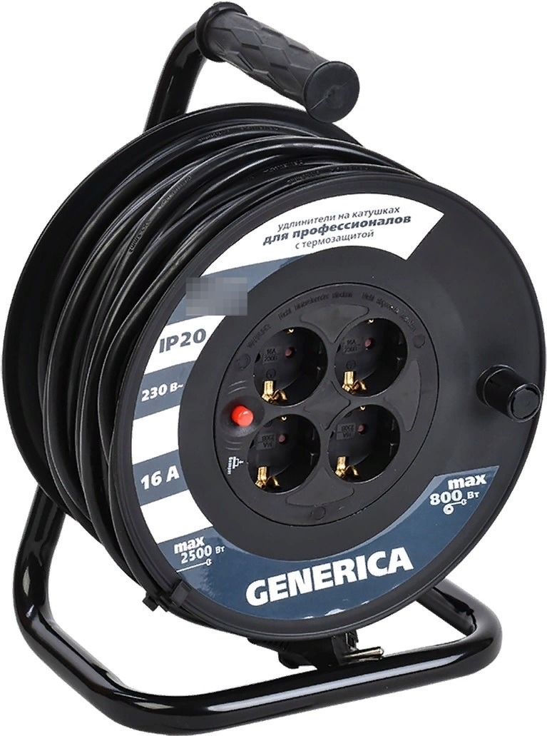 Удлинитель силовой Generica / Генерика WKP20-16-04-20-G на катушке, с термозащитой, провод ПВС, 4 розетки, 20м / электрика