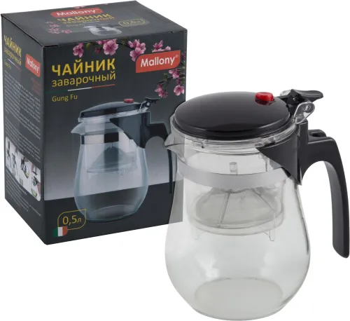Чайник заварочный Mallony / Маллони Gung Fu с кнопкой и фильтром из нержавеющей стали, в корпусе из стекла и пластика, черный, 500мл / товары для дома