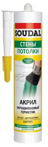 Герметик акриловый Soudal / Судал Акрил окрашиваемый для стен и потолков, белый, 300мл / строительство и ремонт