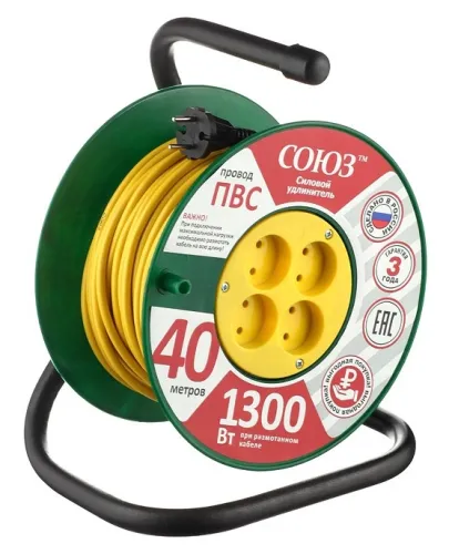 Удлинитель силовой Союз 481S-3104, катушка, ПВС, 40м, 4 розетки
