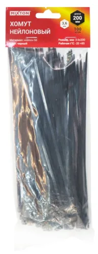 Хомут стяжка MIXTON / Микстон нейлоновый, черный, 3.6×200мм, 100шт. / крепеж