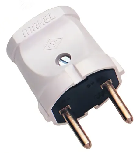 Вилка электрическая MAKEL / Макел 10001 без заземления, евро, прямая, в пластиковом корпусе, белая, 6А, IP20 / электрика