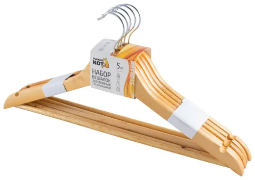 Набор вешалок деревянных Рыжий кот с перекладиной, цвет светлое дерево, 45х23х1см, в упаковке 5шт. / товары для дома