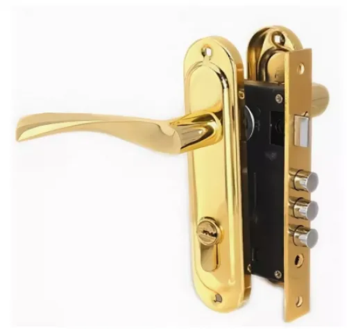 Замок врезной Apecs / Апекс ЗВ 1023 G/60 цилиндровый, с защелкой и ручкой, в металлическом корпусе, цвет золото, размер 161×63×22мм / фурнитура