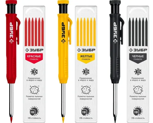 Карандаш Зубр строительный, автоматический, 18 грифелей, красный/желтый/черный, длина 149мм, в упаковке 3шт. / инструменты для ремонта и строительства