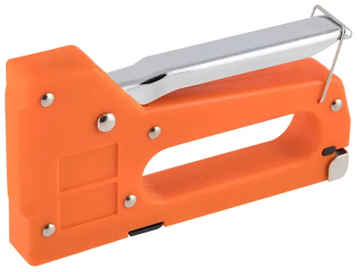 Степлер строительный Park / Парк в пластиковом корпусе с металлической ручкой, оранжевый, в комплекте 100 скоб типа 53 / инструменты