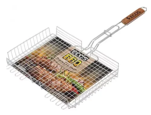 Решетка гриль ECOS / Экос X-381D хромированная для барбекю с деревянной ручкой, из стали, 22х22см / отдых и пикник