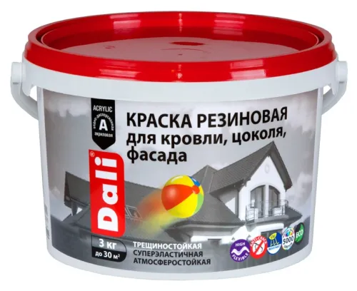 Фасадная краска Dali / Дали резиновая, для кровли, цоколя и фасада, атмосферостойкая, акриловая, база С, 3кг / лакокрасочные материалы