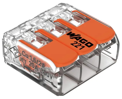 Клемма Wago / Ваго 221-413 монтажная 3-х проводная с рычагами из меди и пластика, 32А, сечение провода 0.5-4мм², 1шт. в упаковке / электрика