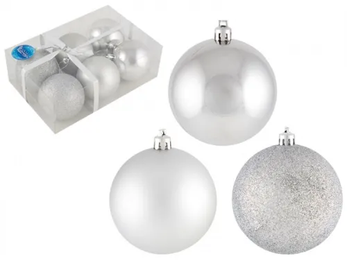 Елочные шары Волшебная страна PB8-6SMB-S однотонные, пластиковые, серебро, диаметр 8см, 6шт. в упаковке / товары для праздников