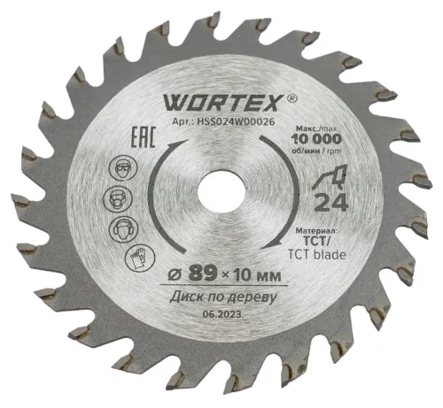 Диск пильный WORTEX / Вортекс по дереву, из металла, зубья 24шт., диаметр 89мм, посадочный 10мм / расходные материалы и оснастка