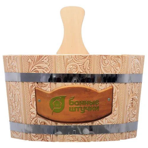 Ушат для бани Банные штучки Шайка, с вставкой из пластика, из древесины липы, бежевый, объемом 3.5л / товары для дома