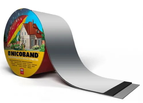 Лента гидроизоляционная Nicoband / Никобэнд самоклеящаяся герметизирующая, битумно-полимерная, серебристая, ширина 10см, 10м / стройматериалы