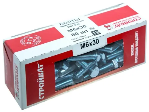 Болт Стройбат метрический из оцинкованной стали, DIN933, 6×30мм, 60шт. / крепеж